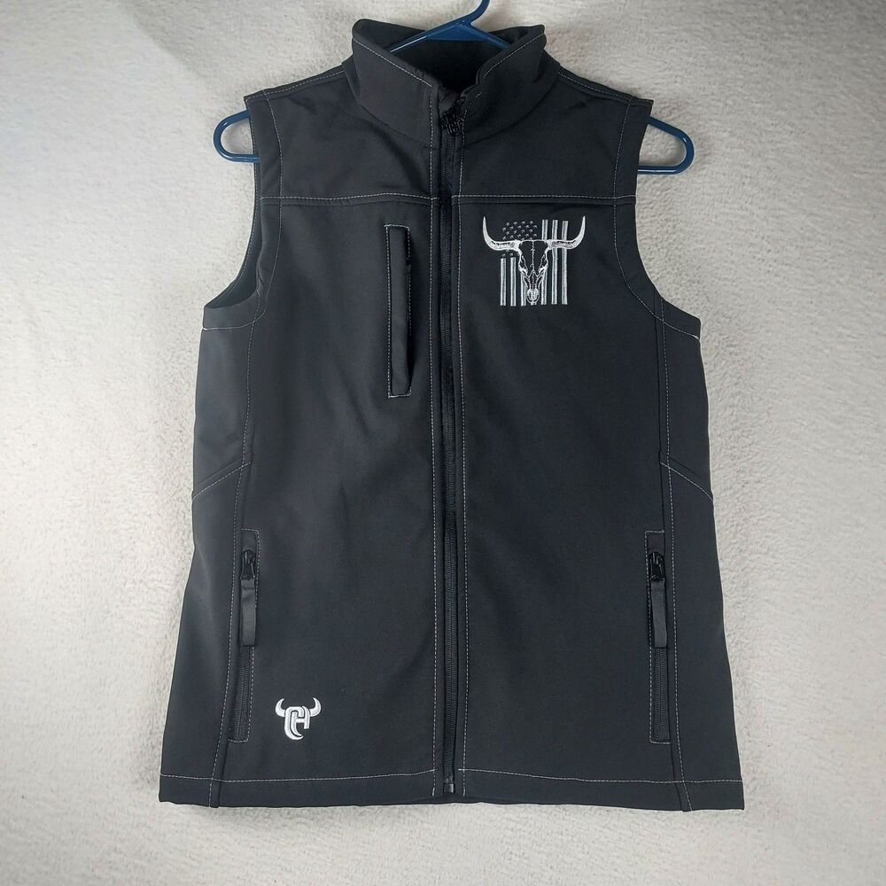 Cowboy Hardware Youth XL 14-16 Black Bull Skull Flag Vest Full Zip Softshell